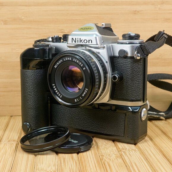 Nikon FE SLR 35mm Film Camera, Nikkor 50m 1:1.8 Lens, Nikon MD-12 Motor Drive - Picture 1 of 13